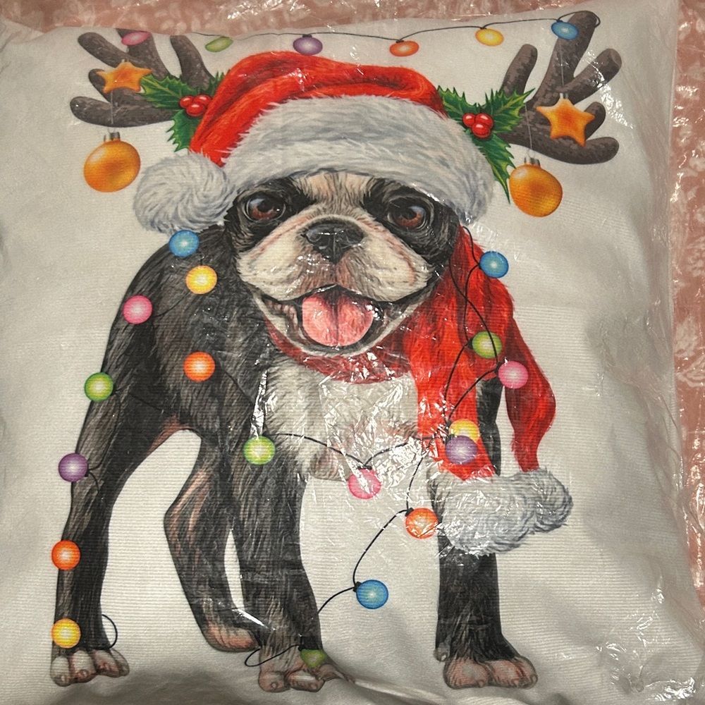 Casual Corner Festive Boston Terrier Dog Pillow with Red Santa Hat